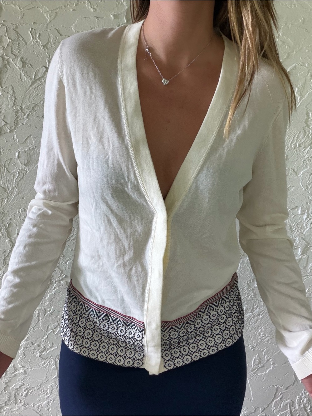 Tory Burch Cream V-Neck Cardigan with Patterned Hem